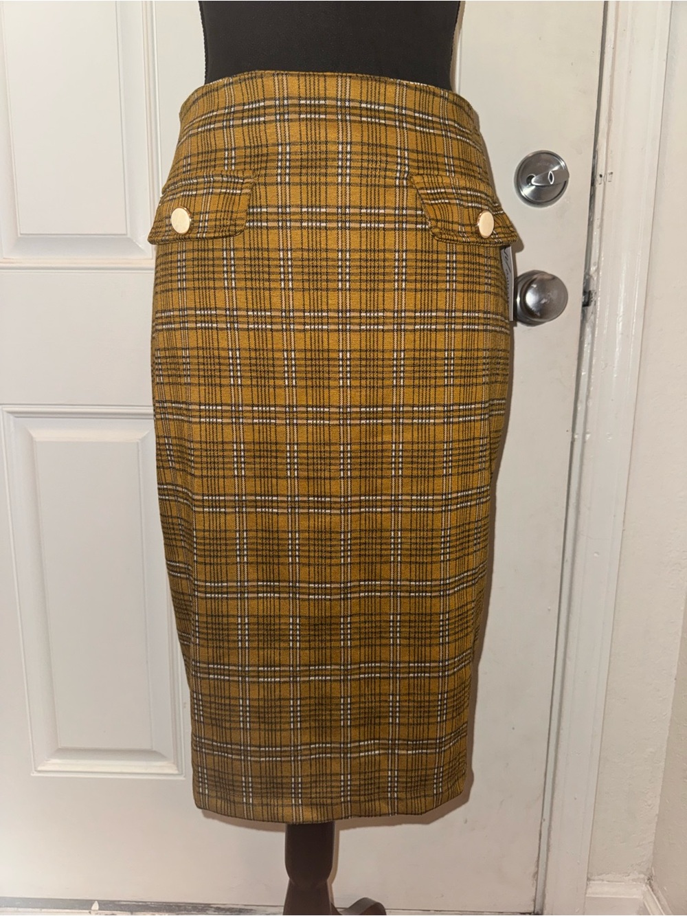 NY Collection Mustard Plaid Pencil Skirt 0320